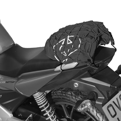 Daugiafunkcinis elastingas motociklo krovinių tinklas iš Oksfordo ryškaus tinklo, atspindintis juodas